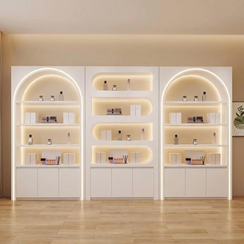 Modern Boutique Interior featuring Backlit Acrylic Island Display Pods #17